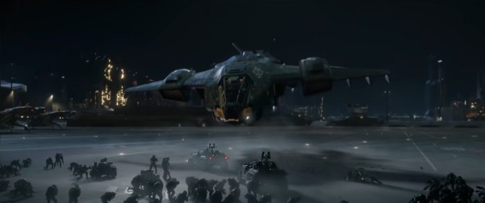 UNSC pelican ship hovers over the lading bay in front of dozens of marines and jeeps
