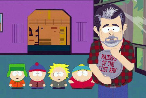 Kyle, Stan, Tweek, and Cartman try to reason with George Lucas, as Lucas clutches a film canister labelled "Raiders of the Lost Ark"