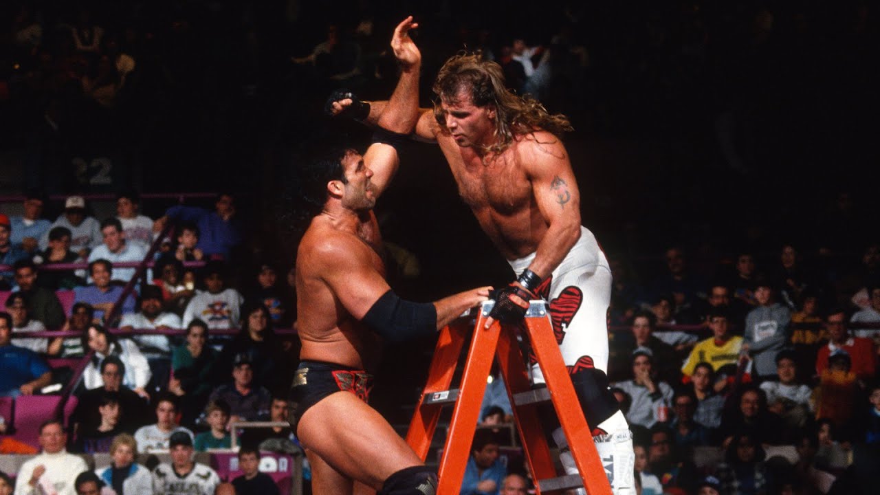 Razor Ramon and Shawn Michaels slug it out at the top of the ladder at WrestleMania X