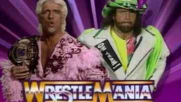 The Ric Flair vs. Randy Savage title card from WrestleMania VIII