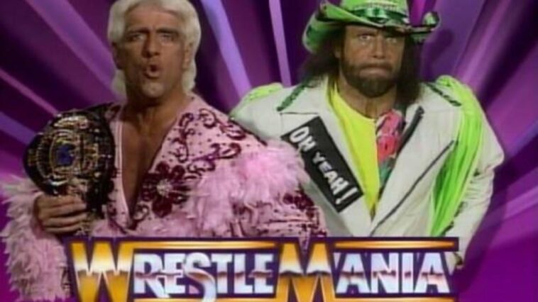 The Ric Flair vs. Randy Savage title card from WrestleMania VIII