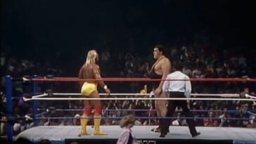 Hulk Hogan squares off in the ring with Andre the Giant