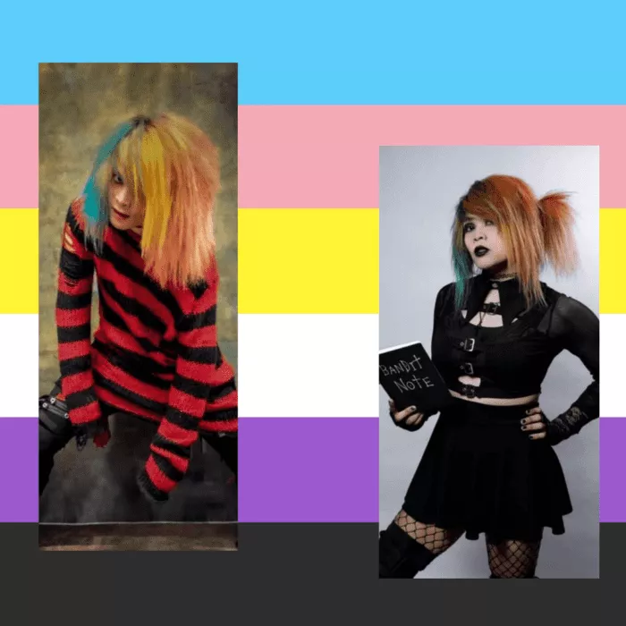 Collage of Kidd Bandit with Trans and non binary flag