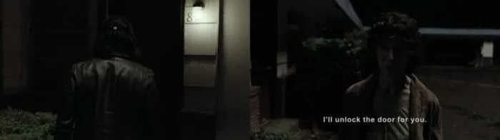 Dutchman's Lodge door with number 8, and the Bosomy woman offering to unlock the door for Mr. C.