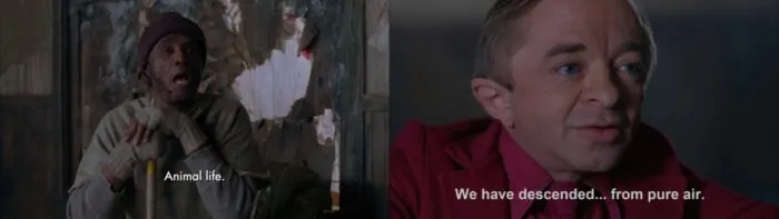 The Woodsman saying "animal life," next to pic of The Arm saying "we have descended from pure air."