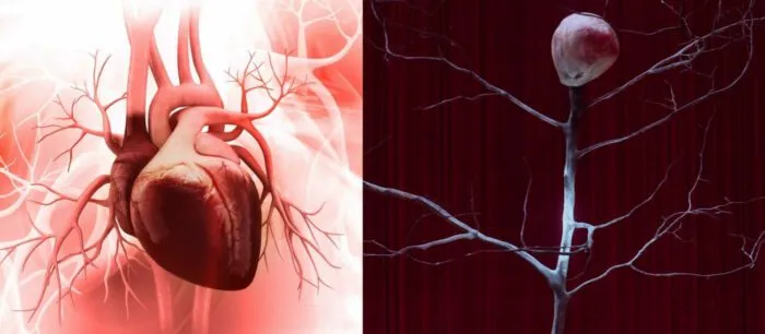 Human heart with arteries next to The Evolution of the Arm with branches.