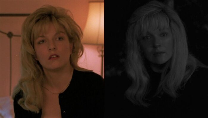 Laura with layered haircut in Fire Walk With Me next to Laura with no layers in her hair in Part 17.