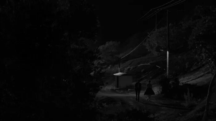 Young Sarah Palmer and male friend walking down the wave pattern in Part 8.