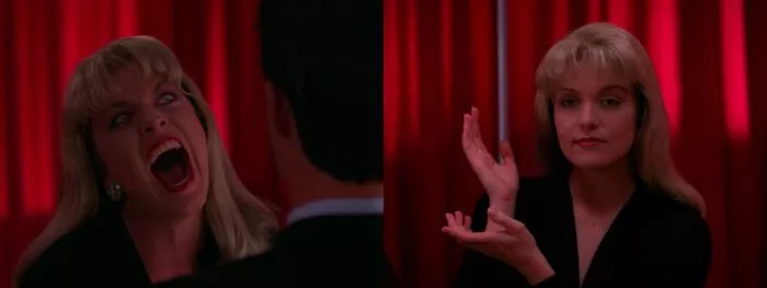 In the Red Room: Laura's screaming doppelganger and Laura's "meanwhile" pose.