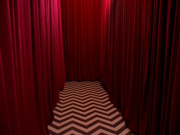 The red curtains in the Red Room.