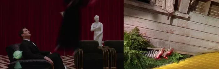 Laura lifting from the Red Room with blurred red shoes, and the wicked witch from Wizard of Oz with blurred ruby slippers.