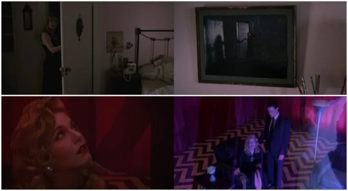 Laura at her bedroom door watching herself inside the painting given to her by Mrs. Tremond, and Cooper sitting over Laura in the Red Room.