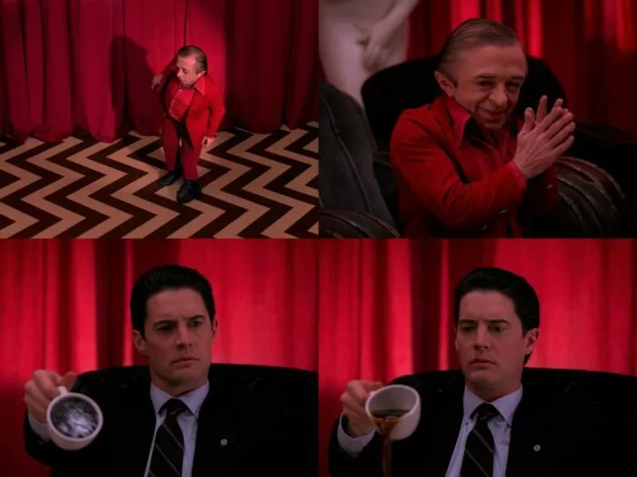 The Arm wearing one flat shoe and an elevated shoe to stabilize his body, and The Arm turning Cooper's coffee from solid to liquid.