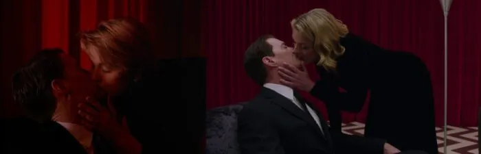 Laura kissing Cooper in the Red Room in Season 1 and in Season 3.