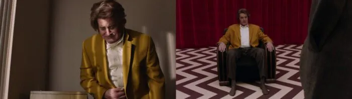 Dougie-tulpa wearing yellow jacket, next to Dougie-tulpa wearing jacket with orange hue in Red Room.