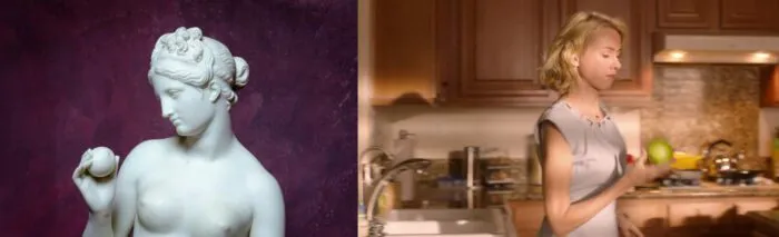 Venus statue holding an apple, next to Janey-E holding a green apple.