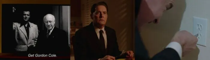 Sunset Boulevard character saying "Get Gordon Cole" inspires Cooper-Dougie to stick his knife in an electrical socket.