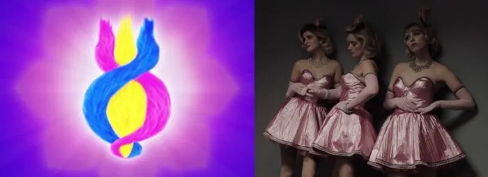 Threefold flame in pink gold and blue next to picture of Candie, Mandie and Sandie.