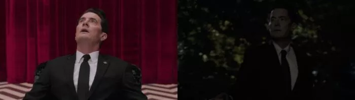 Cooper looking upwards in Red Room in Part 2, and Cooper looking upwards in woods in Part 17.