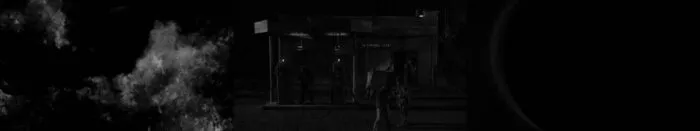 Smoke against blackness, next to gas station-Convenience store with Woodsmen, next to black hole.