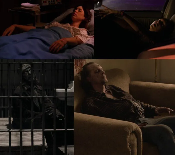 Ronette Pulaski, Sick Girl in car, Woodsmen in jail, and corpse in living room all hold their hands in similar position.