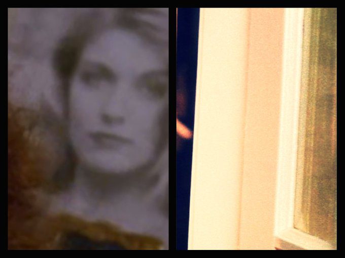 Young Laura in a framed picture next to the image of young Laura reflected in the glass in Alice Tremond's door.