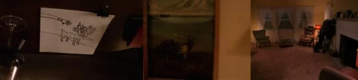 Gordon Cole drawing an animal, Missoula Montana picture in Palmer home, Leland smashing Maddie's head into picture.