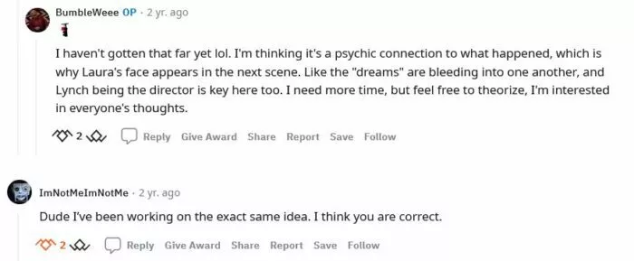 Reddit conversation between BumbleWeee and ImNotMeImNotMe, agreeing about Gordon Cole's drawing in Part 10.