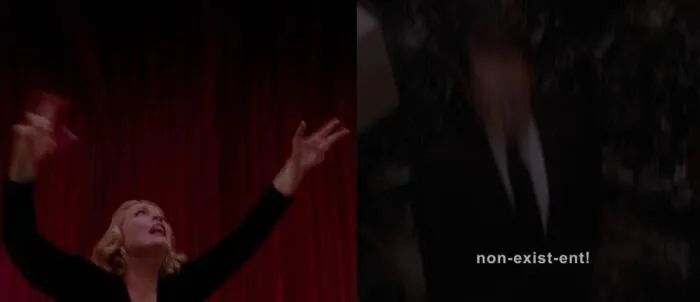 Laura with hands raised as she lifts from the Red Room, next to Cooper falling through Red Room floor.