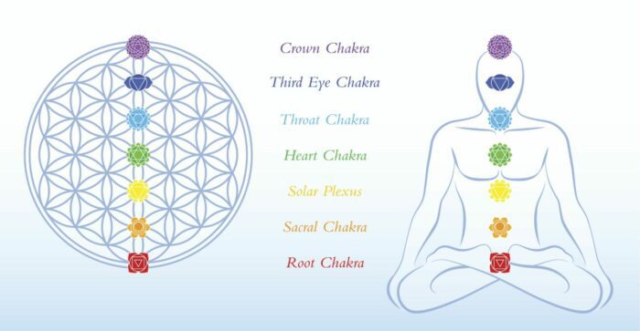Chakra positions on outline of human body.