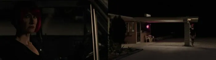 Diane watches herself appear outside the hotel as she sits in the car.