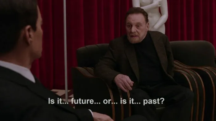 Mike asking Cooper "Is it future or is it past?" in the Red Room.