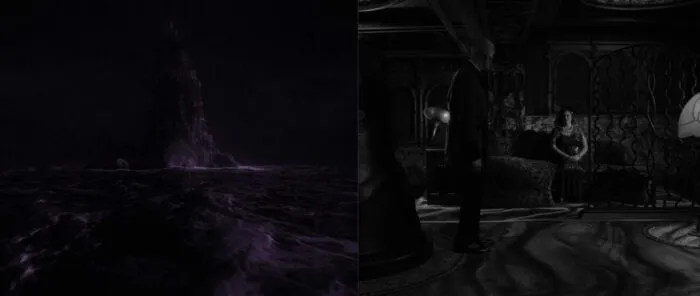 The Fireman's palace above the purple sea, next to the Fireman and Senorita Dido in black and white.