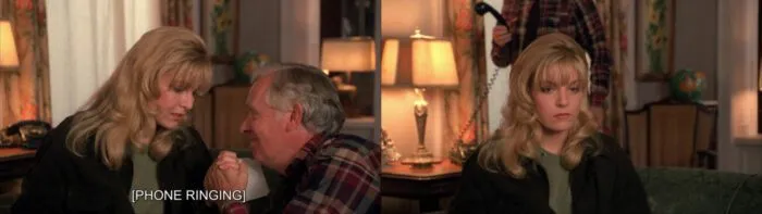 Doc Hayward holds Laura's hand as phone rings, next to Laura deliberating whether to take the phone call.