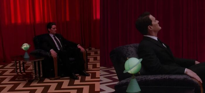 Cooper sitting next to the Saturn lamp in the Red Room in Season 2 and 3.