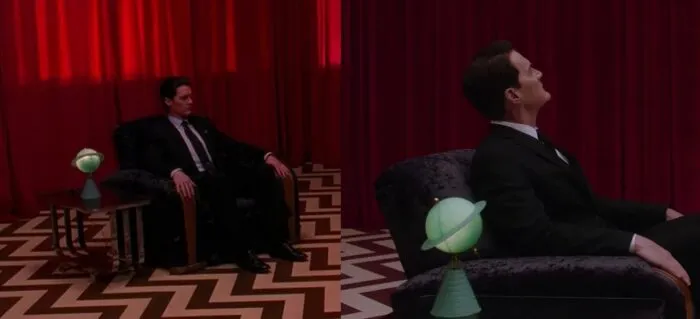 Cooper sitting next to the Saturn lamp in the Red Room in Season 2 and 3.