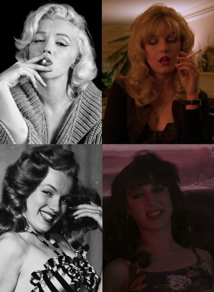 Marilyn Monroe smoking next to Laura Palmer smoking. Norma Jeane Mortensen smiling next to Ronette Pulaski smiling.