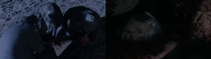 Woodsmen bringing Mr. C back to life after Ray shot him, next to Bob orb protruding from Mr. C's stomach.