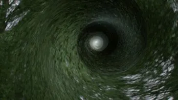 A whirling vortex in the sky, leading to light.