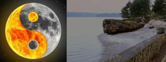 Yin-yang symbol depicted as sun and moon, next to wave pattern of shoreline.