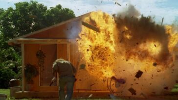 Sawyer runs towards an exploding house in The Shape of Things to Come