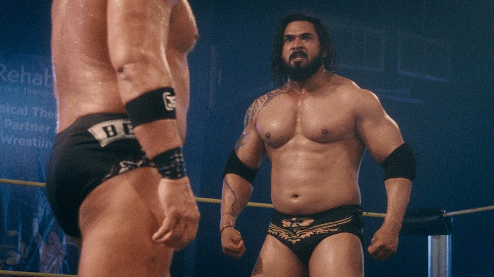Mahabali Shera stares down James Storm in the ring