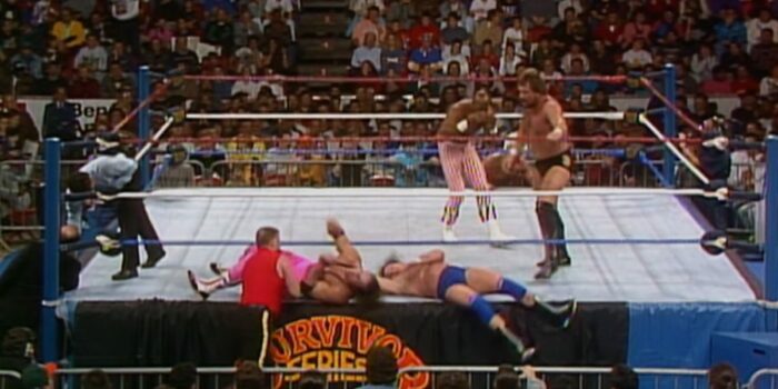 An in-ring brawl as The Mountie spars with Bret as DiBiase fights Piper and Virgil.