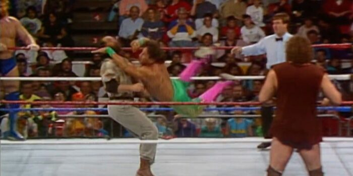 Tito Santana lands a flying forearm onto Skinner.