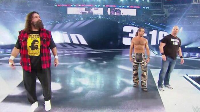 Mick Foley, Shawn Michaels and Steve Austin make an entrance at WrestleMania 32