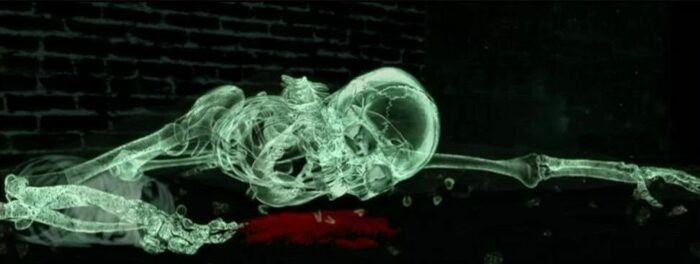 A CGI skeleton with broken bones denotes Nick's death in The Final Destination (2009)