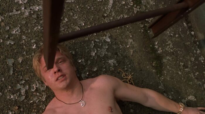 Evan lying on the ground, about to be impaled by a ladder in Final Destination 2 (2003)