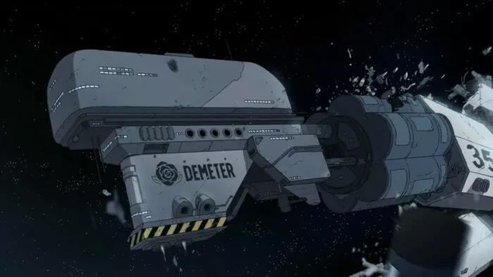 The Demeter breaks apart in space.