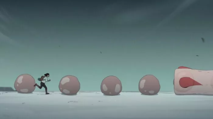 A woman runs along a beach as a creature scoops up its ball-like young with it's ovipositing neck.