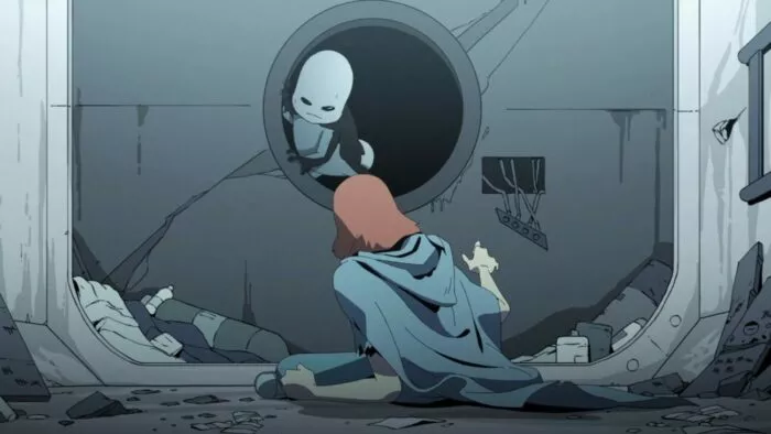 A man lies cautious on the floor of his escape pod, prepared for the creature in the duct above him to attack in Scavenger's Reign